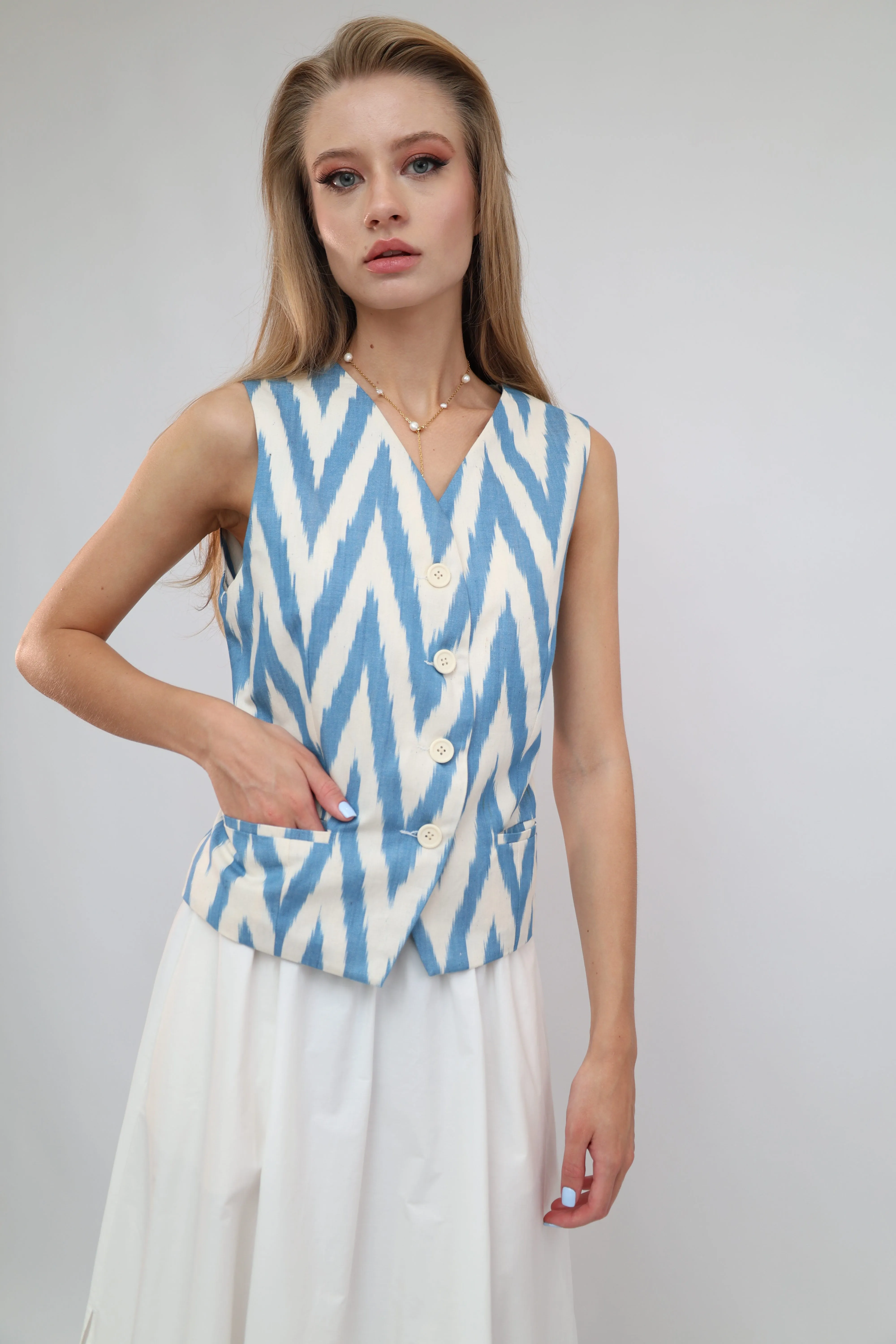 100% Cotton Blue Ikat Waistcoat