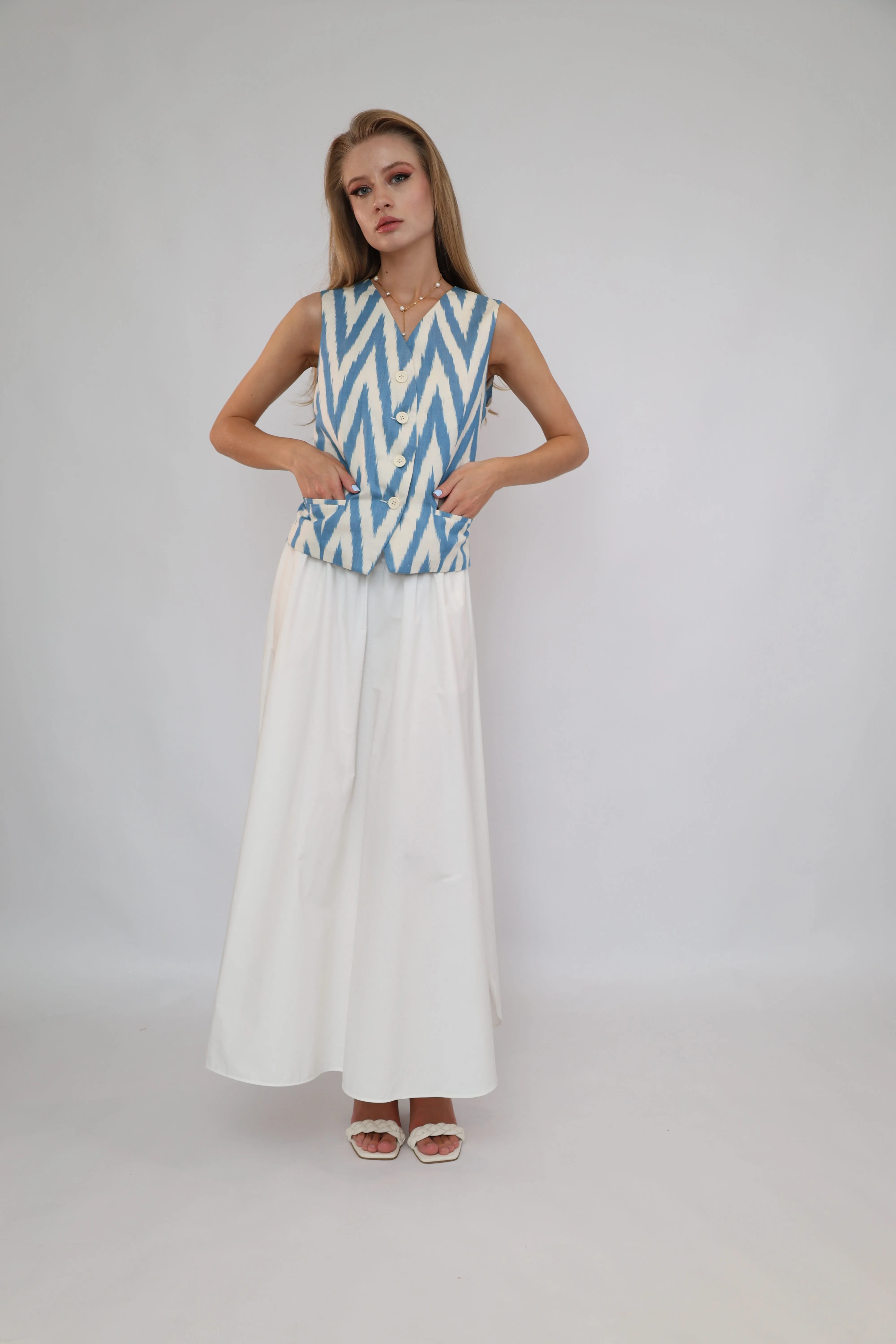 100% Cotton Blue Ikat Waistcoat