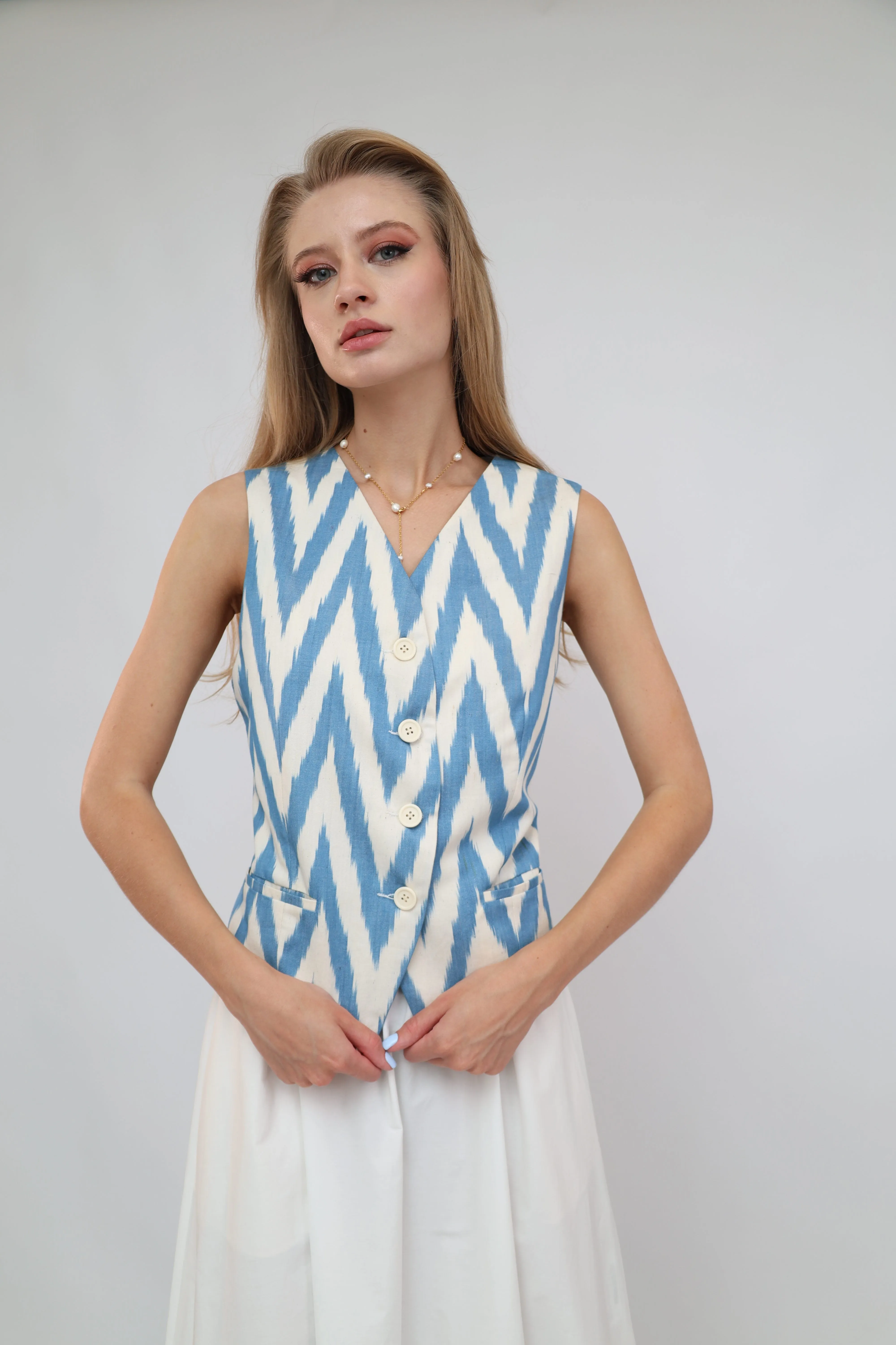 100% Cotton Blue Ikat Waistcoat