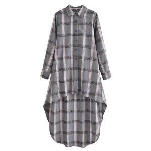 2022 Autumn New Design Grey Asymmetrical Long Plaid Shirt