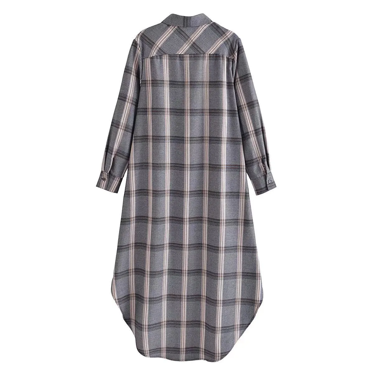 2022 Autumn New Design Grey Asymmetrical Long Plaid Shirt