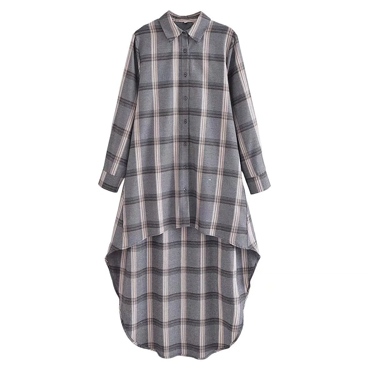 2022 Autumn New Design Grey Asymmetrical Long Plaid Shirt