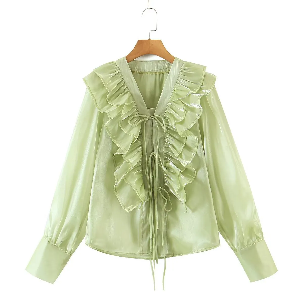 2022 Autumn New Design Two Colorway Ruffle Tiered Tie Shirt Blouse