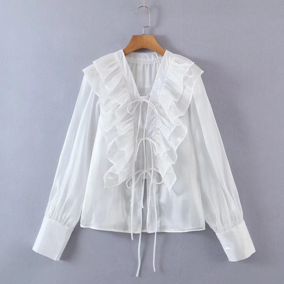 2022 Autumn New Design Two Colorway Ruffle Tiered Tie Shirt Blouse
