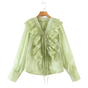 2022 Autumn New Design Two Colorway Ruffle Tiered Tie Shirt Blouse