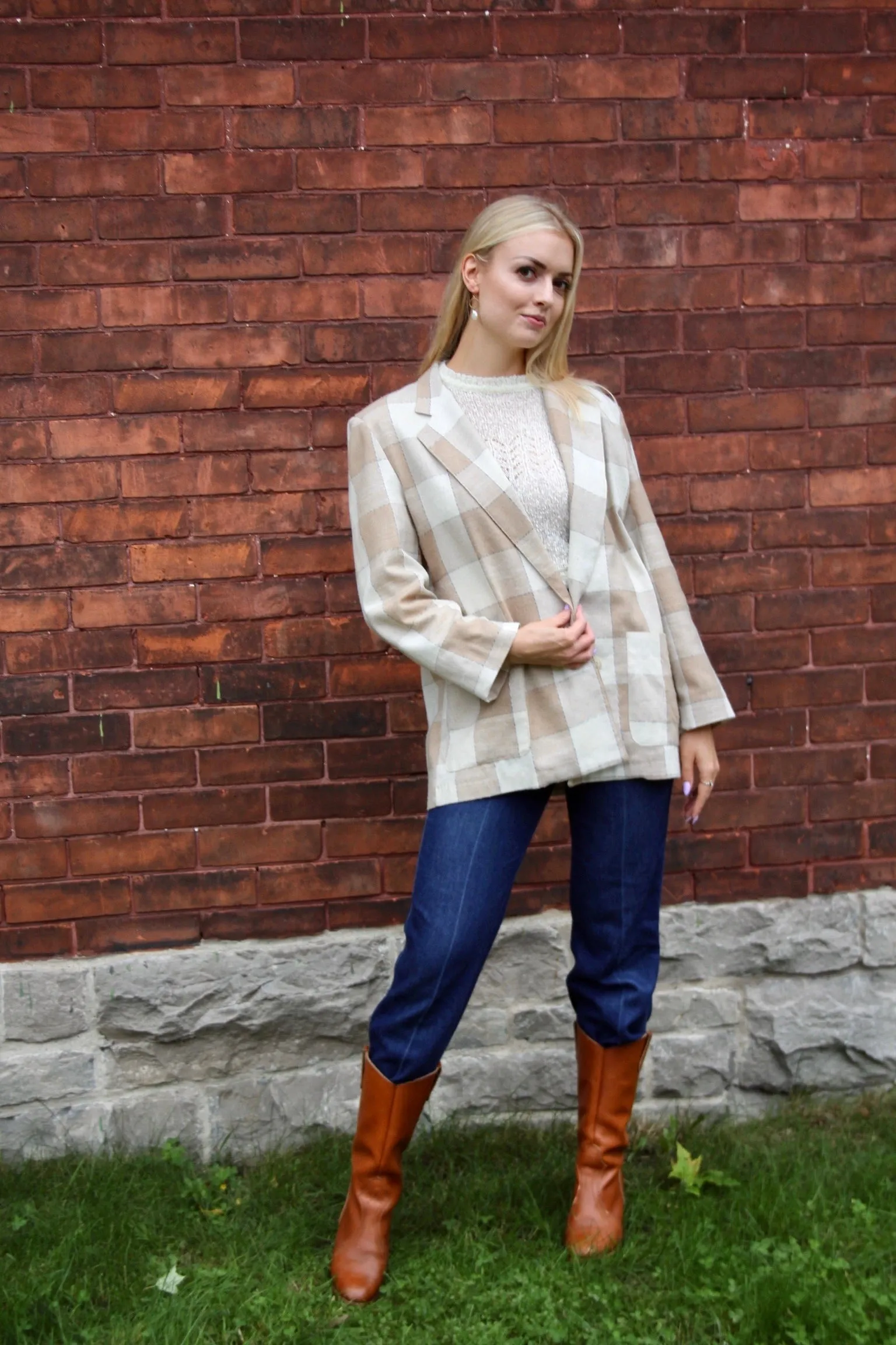 80s Neutral Windowpane Plaid Double-Breasted Blazer - M/L