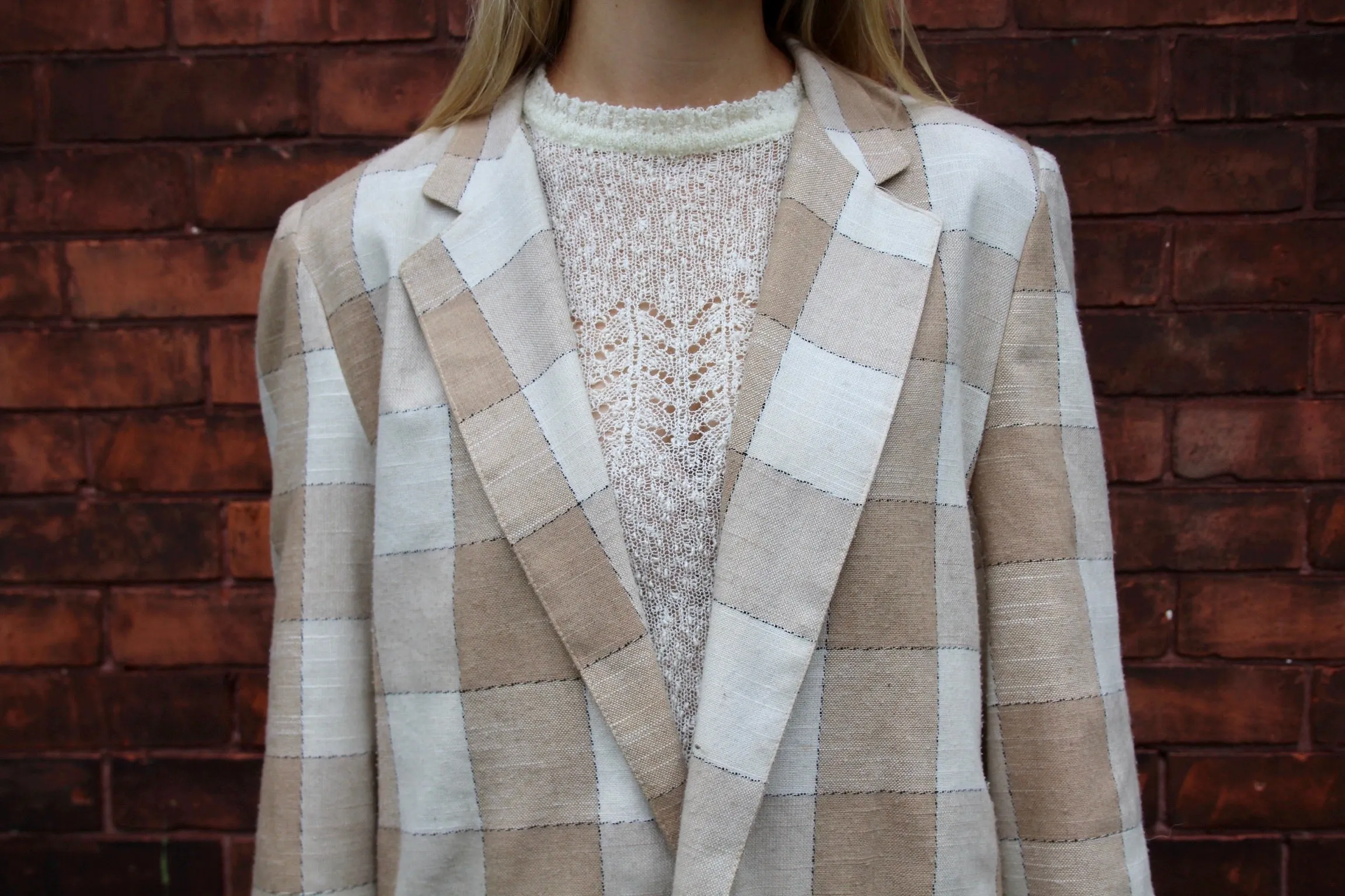 80s Neutral Windowpane Plaid Double-Breasted Blazer - M/L
