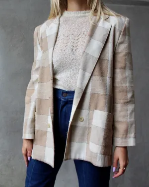 80s Neutral Windowpane Plaid Double-Breasted Blazer - M/L