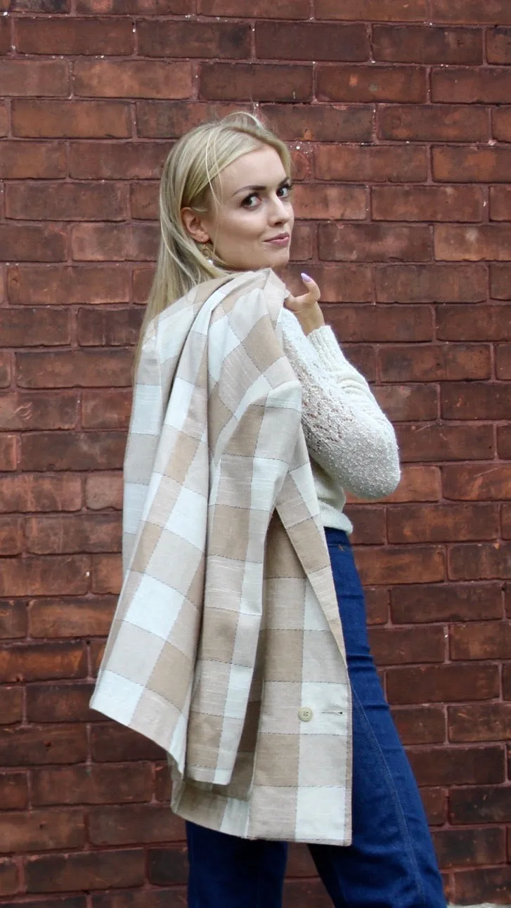80s Neutral Windowpane Plaid Double-Breasted Blazer - M/L