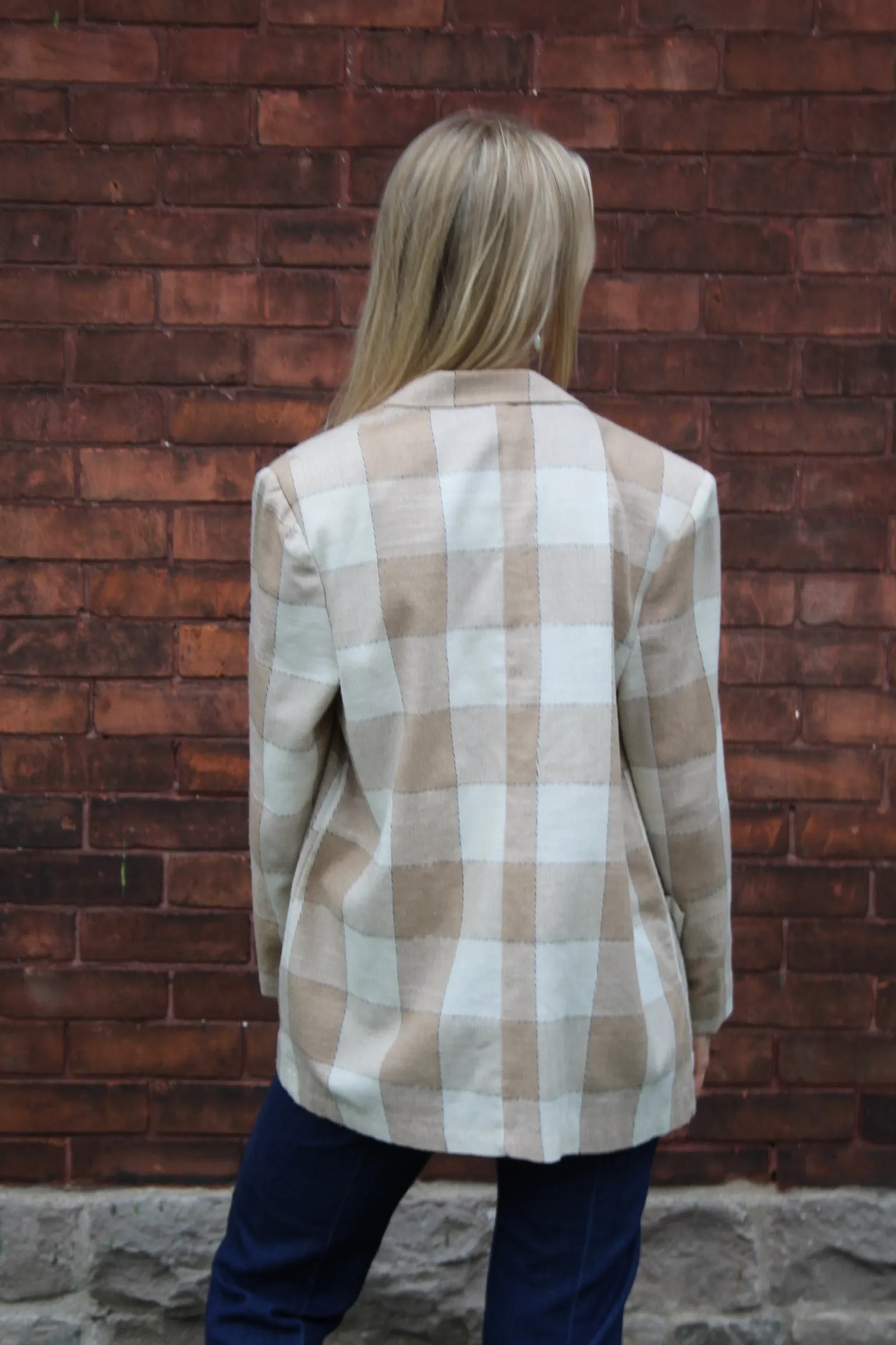 80s Neutral Windowpane Plaid Double-Breasted Blazer - M/L