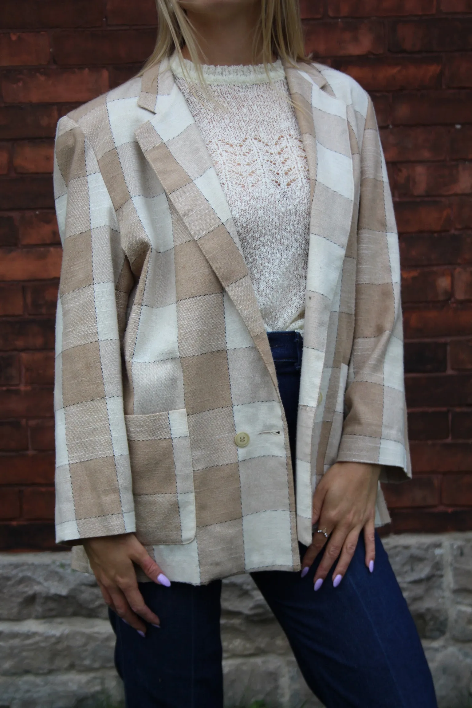 80s Neutral Windowpane Plaid Double-Breasted Blazer - M/L