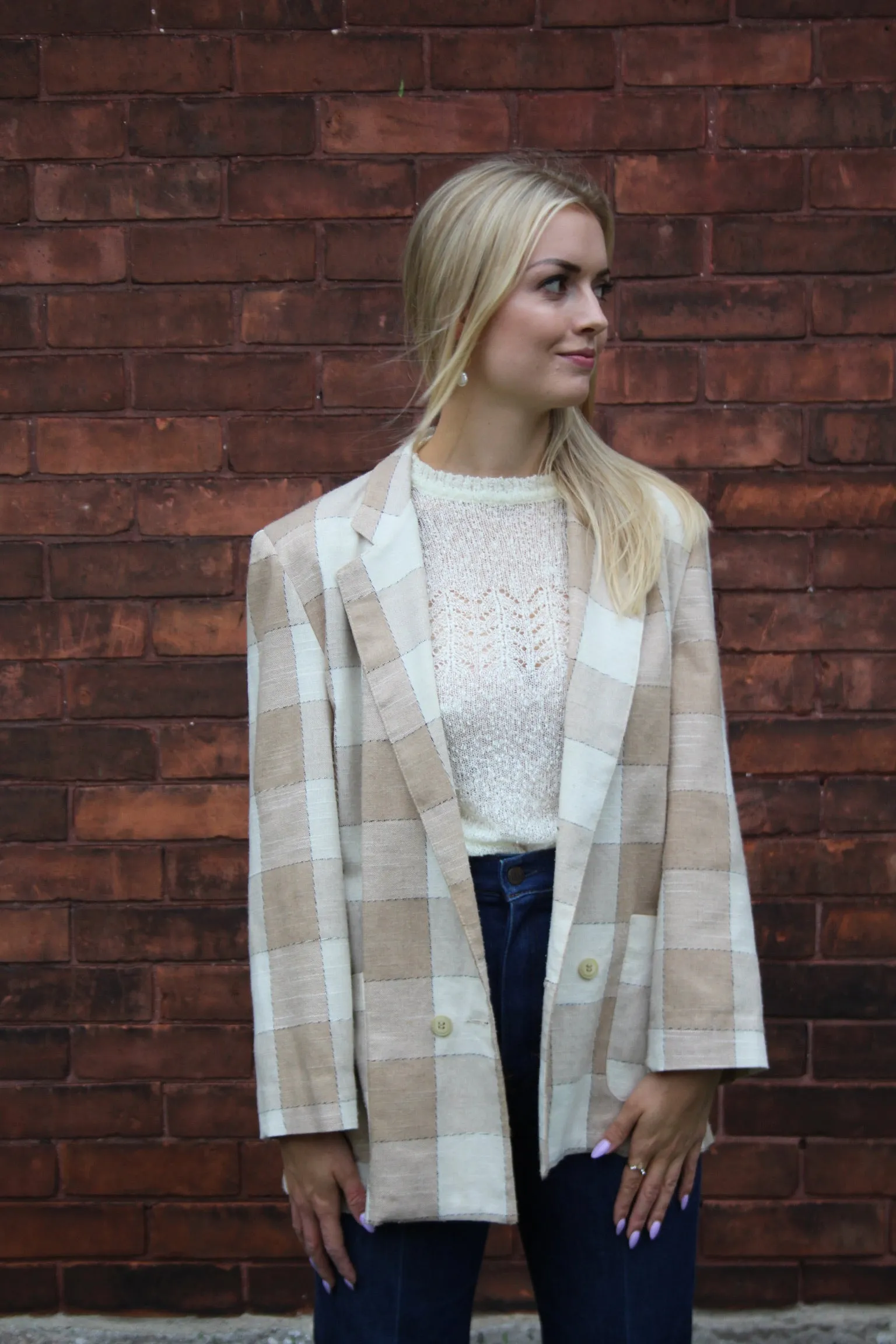 80s Neutral Windowpane Plaid Double-Breasted Blazer - M/L