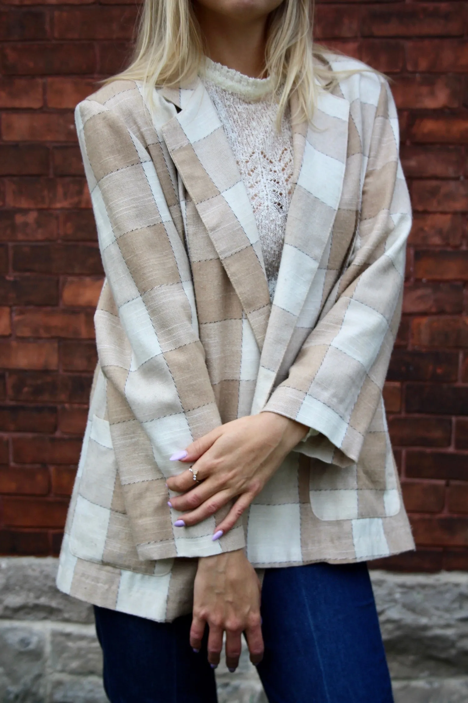 80s Neutral Windowpane Plaid Double-Breasted Blazer - M/L