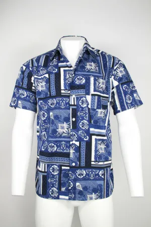 90s Short sleeve shirt - Blue and white paisley pattern - M