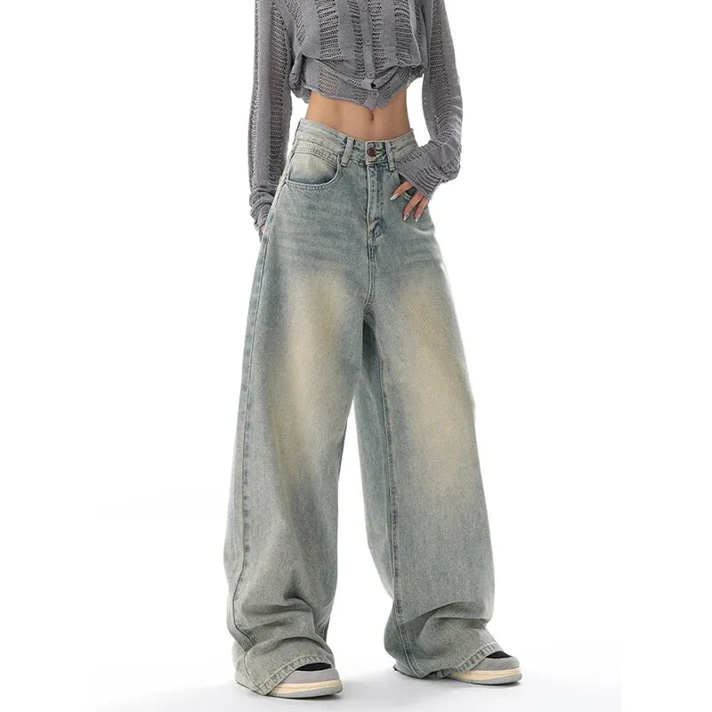 Aiertu American Vintage Y2K Wide Leg High Waist Straight Jeans Pants Women's Casual Baggy Grunge Streetwear Style Denim Trouser