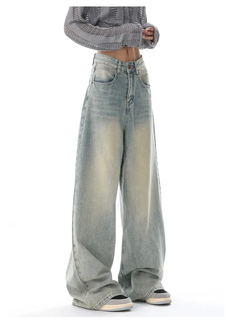 Aiertu American Vintage Y2K Wide Leg High Waist Straight Jeans Pants Women's Casual Baggy Grunge Streetwear Style Denim Trouser