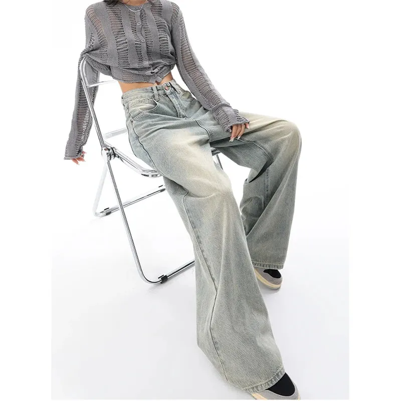 Aiertu American Vintage Y2K Wide Leg High Waist Straight Jeans Pants Women's Casual Baggy Grunge Streetwear Style Denim Trouser