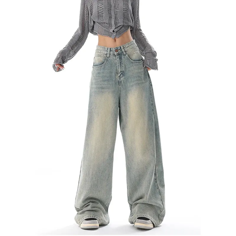 Aiertu American Vintage Y2K Wide Leg High Waist Straight Jeans Pants Women's Casual Baggy Grunge Streetwear Style Denim Trouser