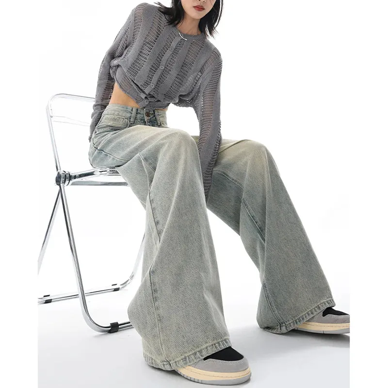 Aiertu American Vintage Y2K Wide Leg High Waist Straight Jeans Pants Women's Casual Baggy Grunge Streetwear Style Denim Trouser