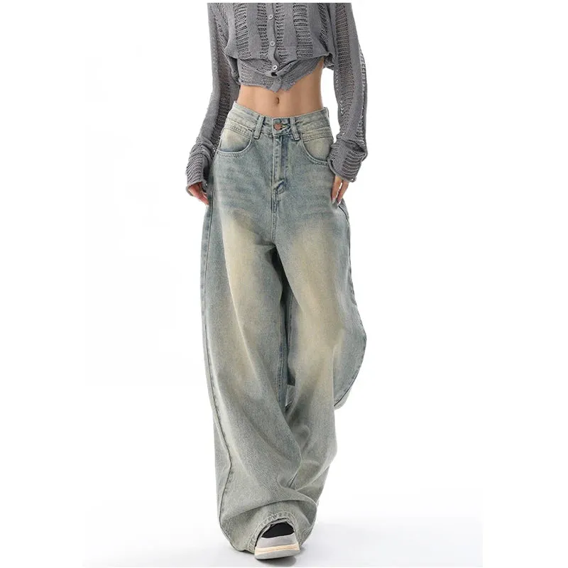 Aiertu American Vintage Y2K Wide Leg High Waist Straight Jeans Pants Women's Casual Baggy Grunge Streetwear Style Denim Trouser