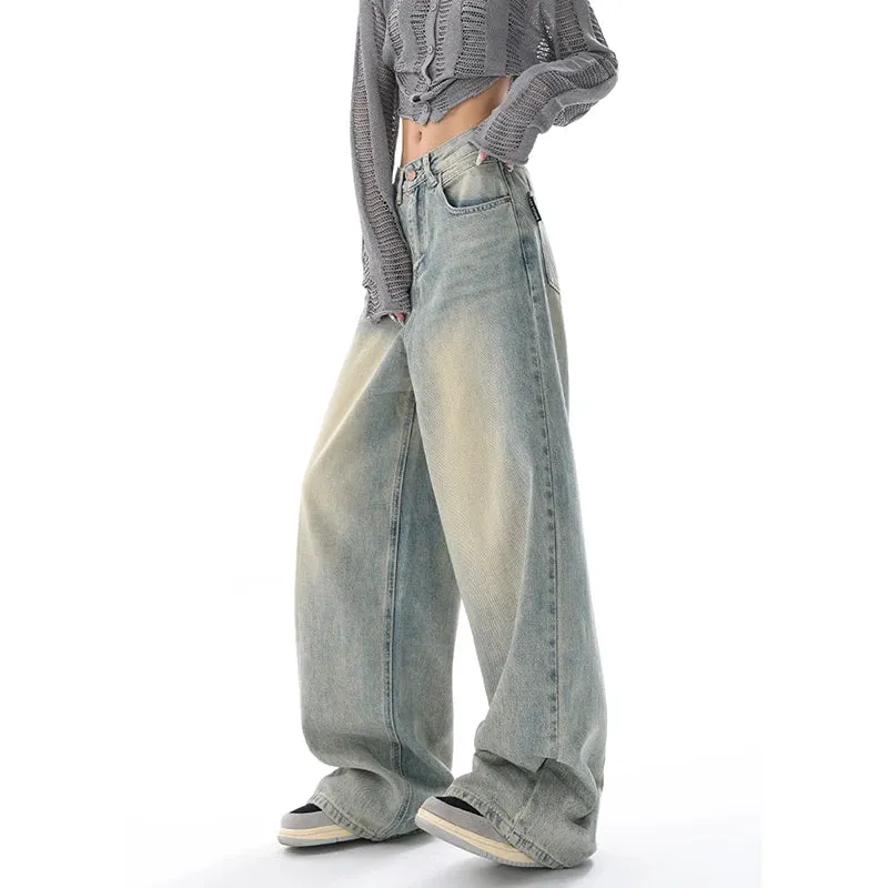 Aiertu American Vintage Y2K Wide Leg High Waist Straight Jeans Pants Women's Casual Baggy Grunge Streetwear Style Denim Trouser
