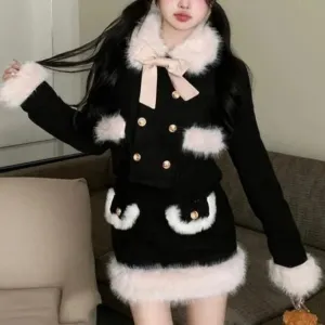 Aiertu - Black Kitten's Winter Stroll Goth Cardigan Top with Optional Skirt Dress Set Dark Academia Kawaii Academia Y2K Cottagecore Coquette Fairycore Dollette Princesscore Bottoms