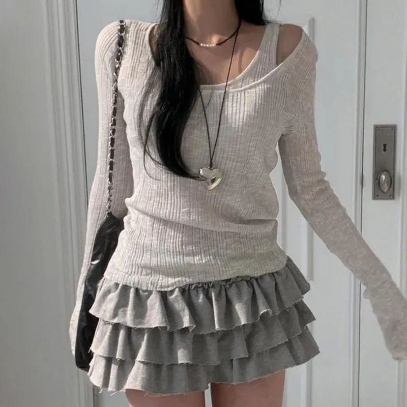 Aiertu Two Pieces Set Autumn Simple Casual Long Sleeve Vintage Women T-shirts   Japanese Solid Bottoming Y2k Aesthetic All Match Tanks