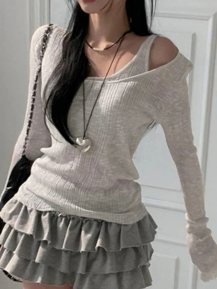 Aiertu Two Pieces Set Autumn Simple Casual Long Sleeve Vintage Women T-shirts   Japanese Solid Bottoming Y2k Aesthetic All Match Tanks