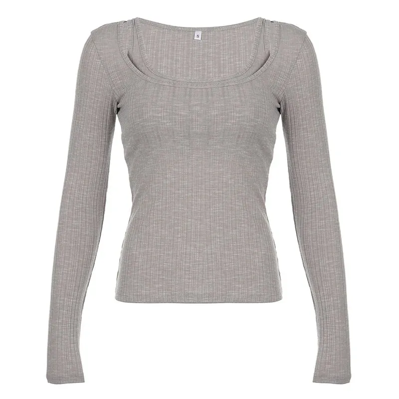 Aiertu Two Pieces Set Autumn Simple Casual Long Sleeve Vintage Women T-shirts   Japanese Solid Bottoming Y2k Aesthetic All Match Tanks