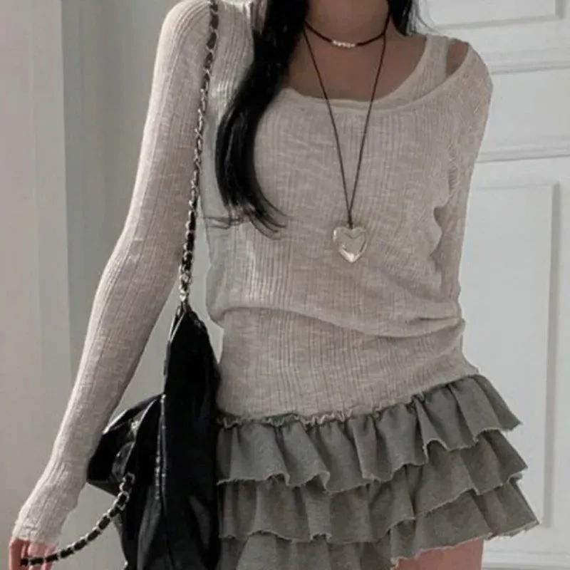 Aiertu Two Pieces Set Autumn Simple Casual Long Sleeve Vintage Women T-shirts   Japanese Solid Bottoming Y2k Aesthetic All Match Tanks