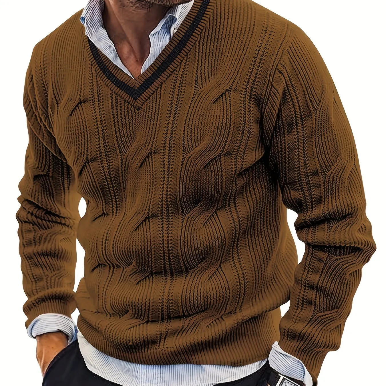All Match Knitted Sweater, Men's Casual Vintage Warm High Stretch V Neck Pullover Sweater For Fall Winter Preppy