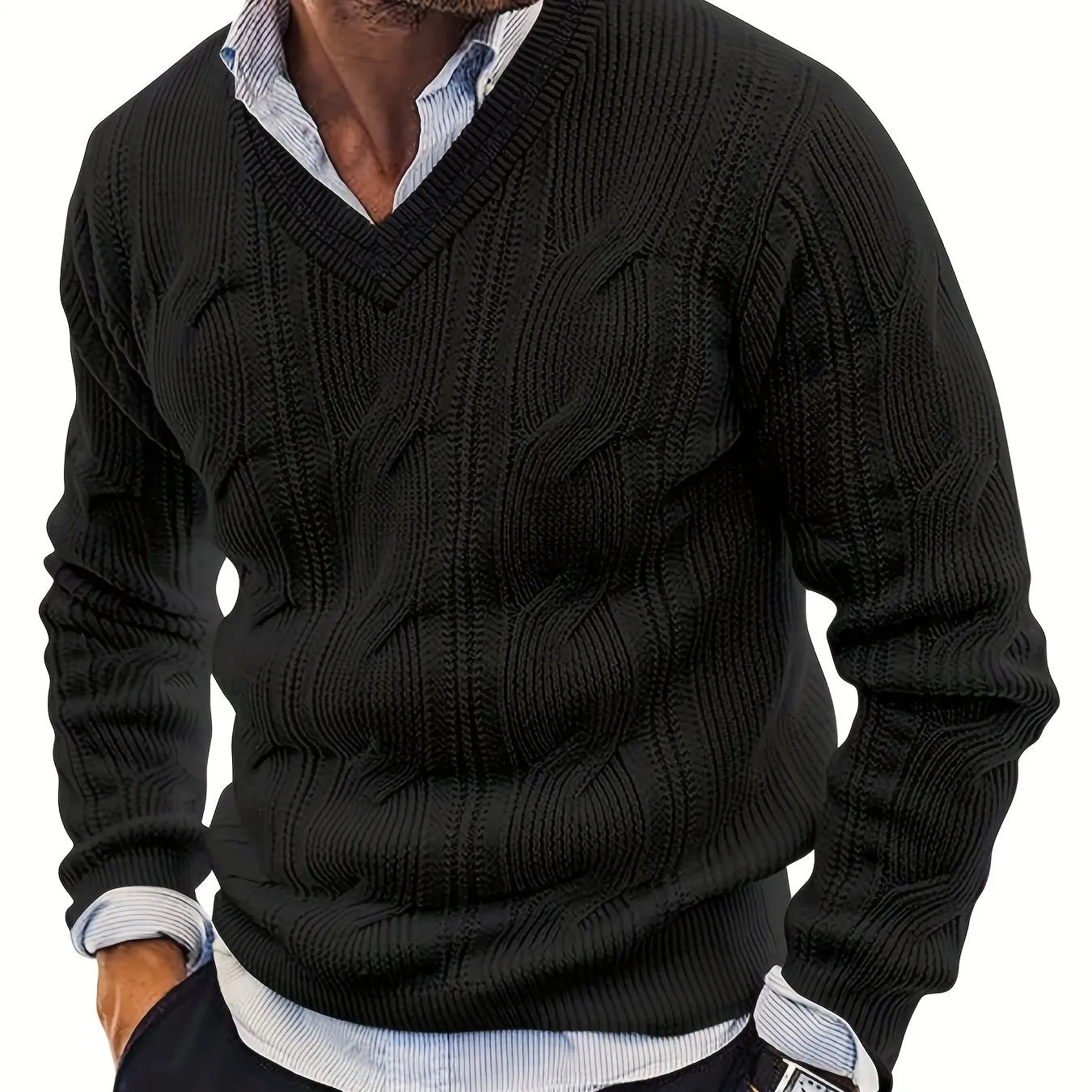 All Match Knitted Sweater, Men's Casual Vintage Warm High Stretch V Neck Pullover Sweater For Fall Winter Preppy