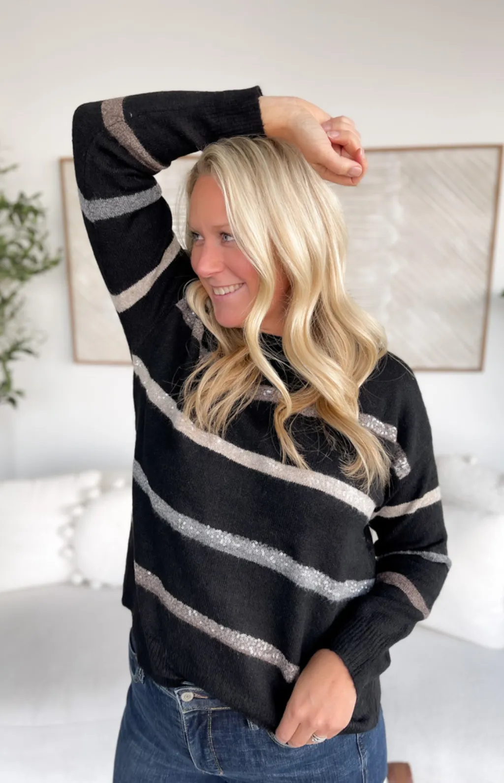 Annie Beaded Striped Knit Sweater