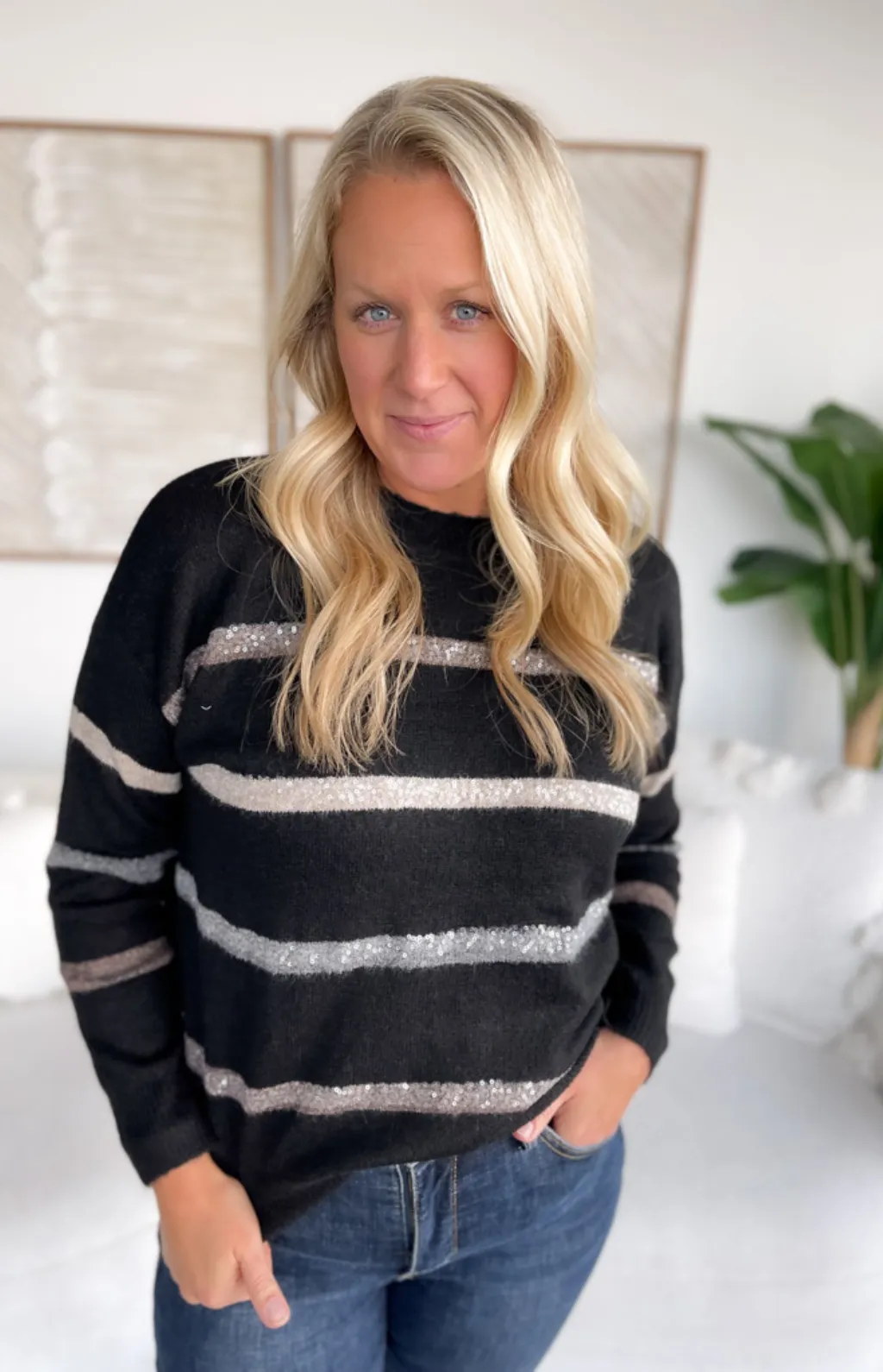 Annie Beaded Striped Knit Sweater