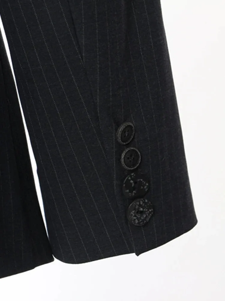 Asymmetrical Navy Blue Pinstripe Blazer with Contrast Panels