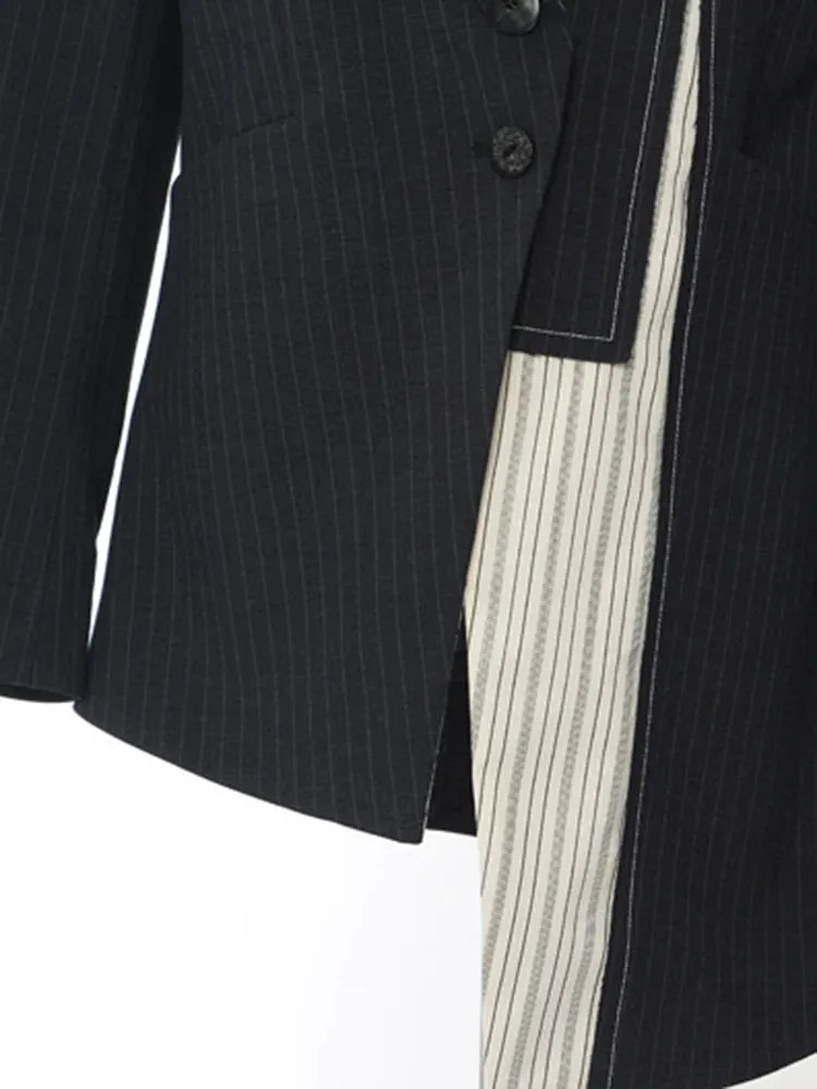 Asymmetrical Navy Blue Pinstripe Blazer with Contrast Panels