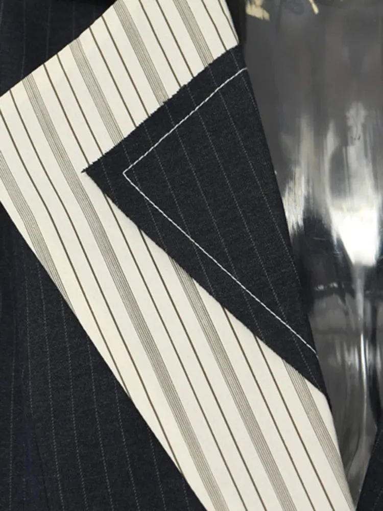 Asymmetrical Navy Blue Pinstripe Blazer with Contrast Panels