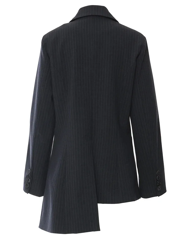 Asymmetrical Navy Blue Pinstripe Blazer with Contrast Panels
