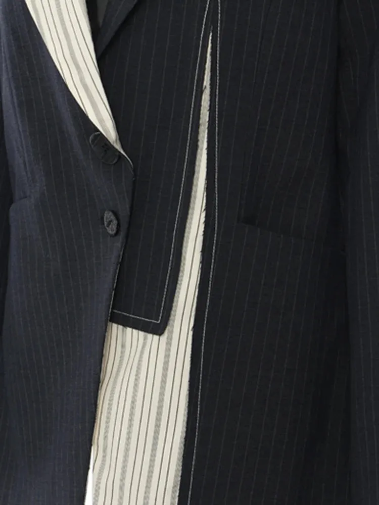 Asymmetrical Navy Blue Pinstripe Blazer with Contrast Panels