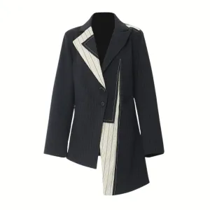 Asymmetrical Navy Blue Pinstripe Blazer with Contrast Panels
