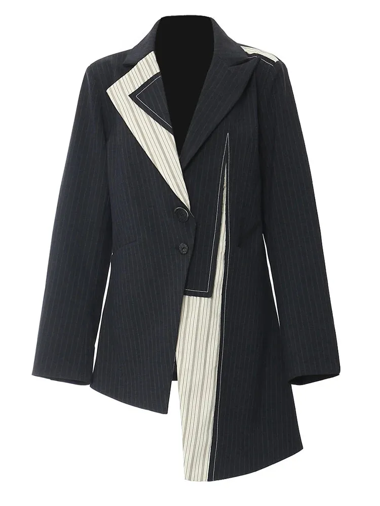 Asymmetrical Navy Blue Pinstripe Blazer with Contrast Panels