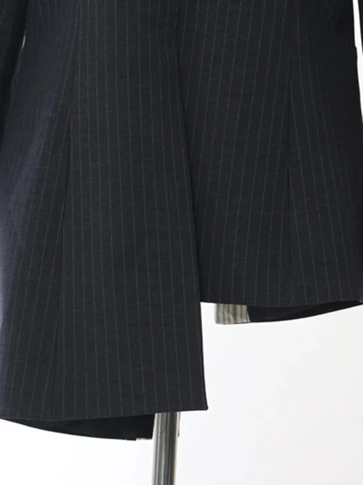 Asymmetrical Navy Blue Pinstripe Blazer with Contrast Panels