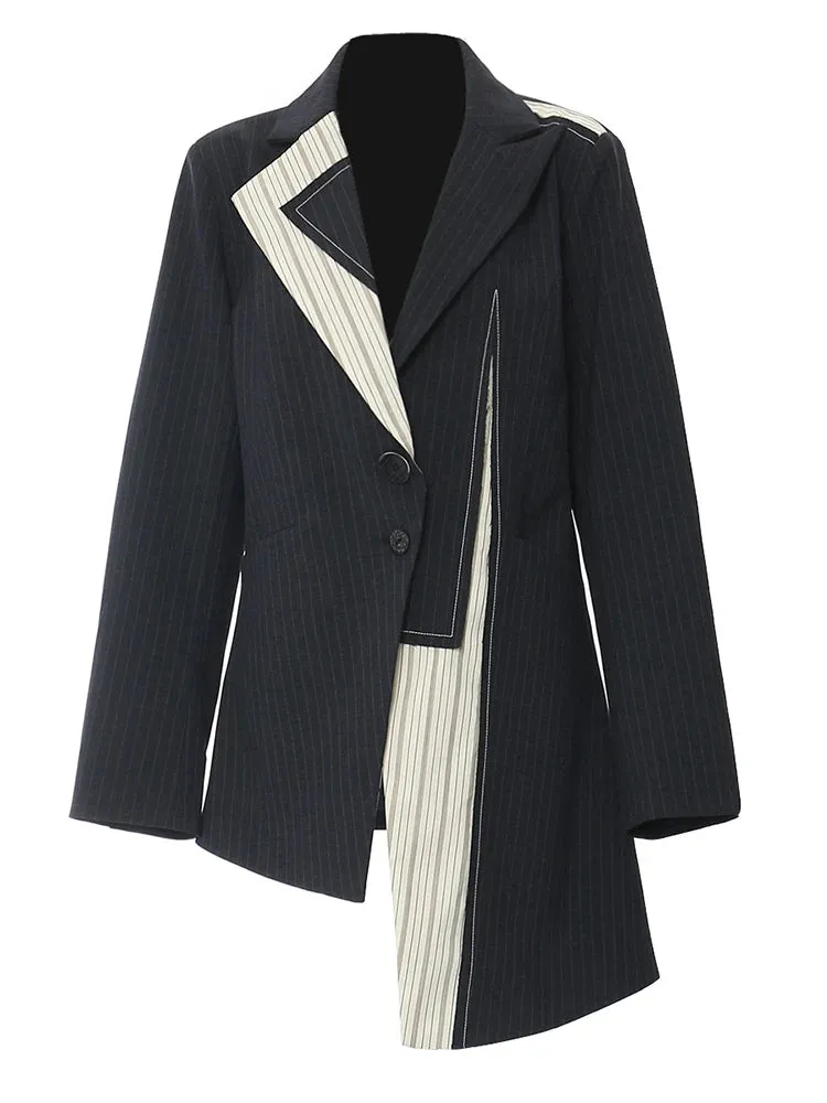 Asymmetrical Navy Blue Pinstripe Blazer with Contrast Panels
