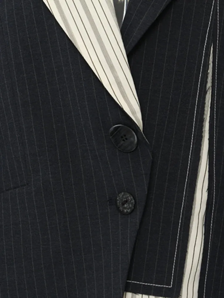 Asymmetrical Navy Blue Pinstripe Blazer with Contrast Panels