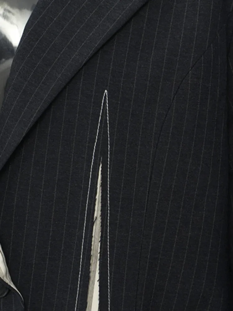 Asymmetrical Navy Blue Pinstripe Blazer with Contrast Panels
