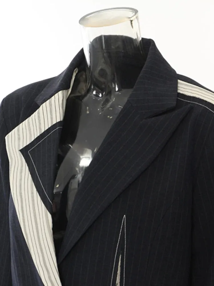 Asymmetrical Navy Blue Pinstripe Blazer with Contrast Panels