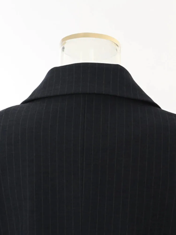 Asymmetrical Navy Blue Pinstripe Blazer with Contrast Panels
