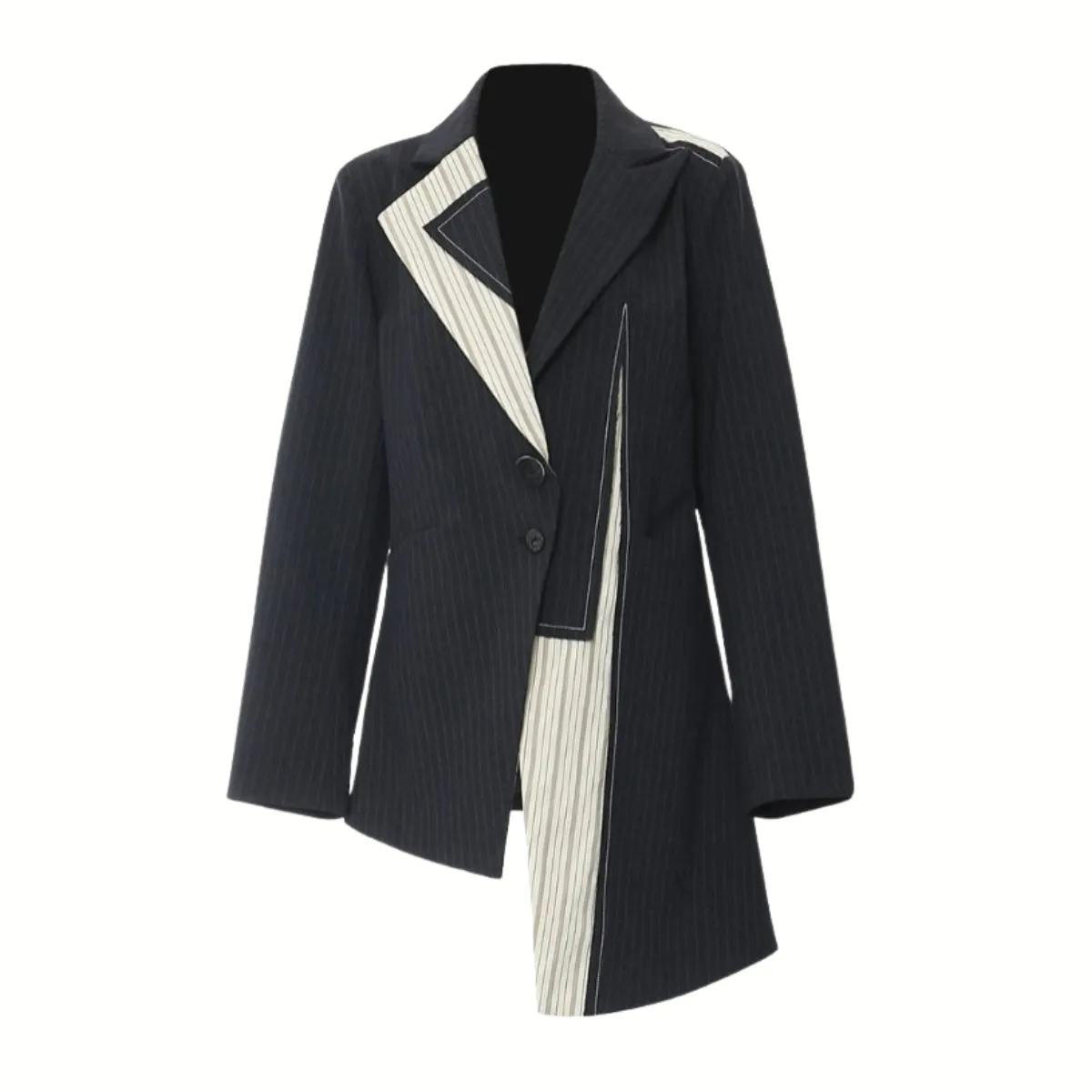 Asymmetrical Navy Blue Pinstripe Blazer with Contrast Panels
