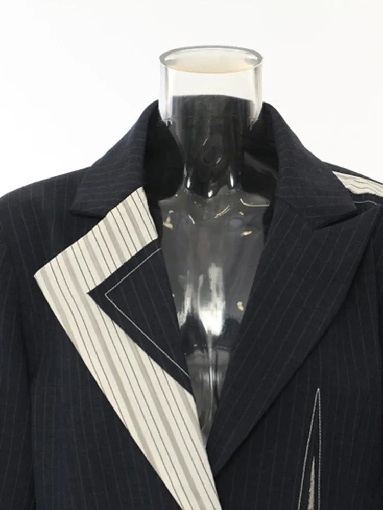 Asymmetrical Navy Blue Pinstripe Blazer with Contrast Panels