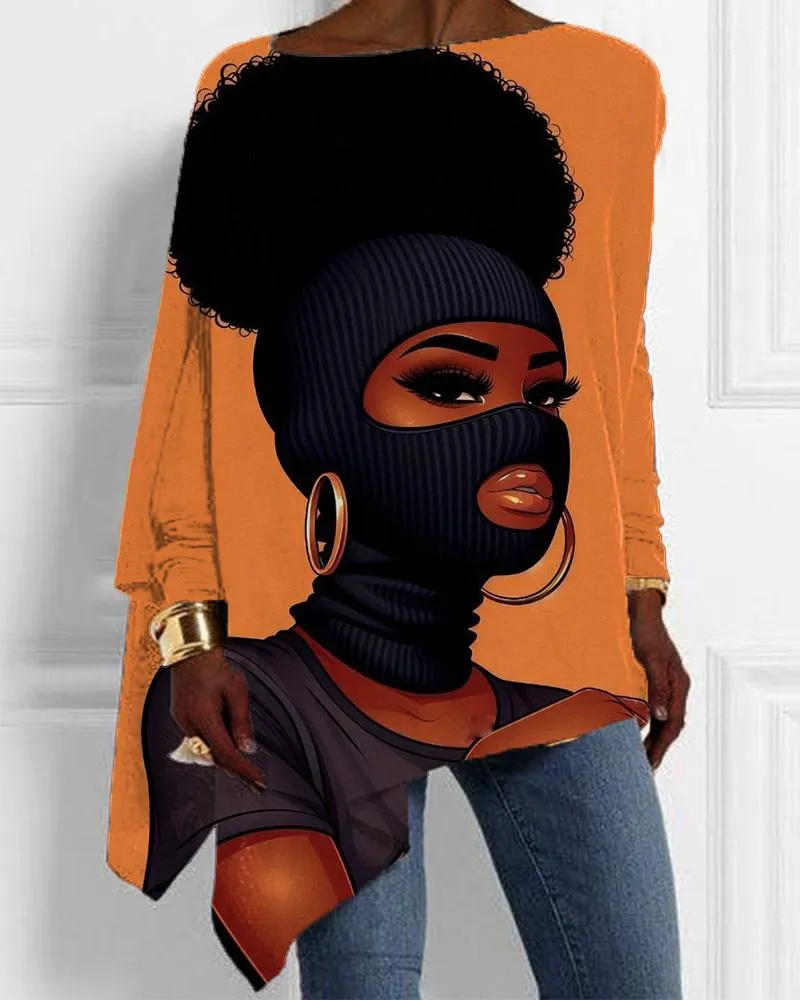 Black Girl Personality Print Irregular Hem Ladies Top